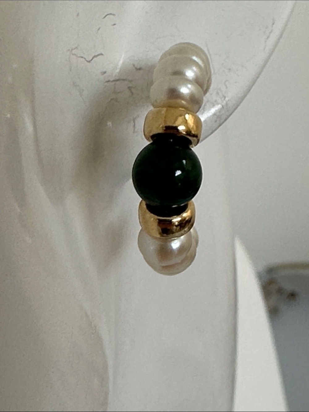 14k real solid Gold Real Pearls and Green Malachite Hoop Earring